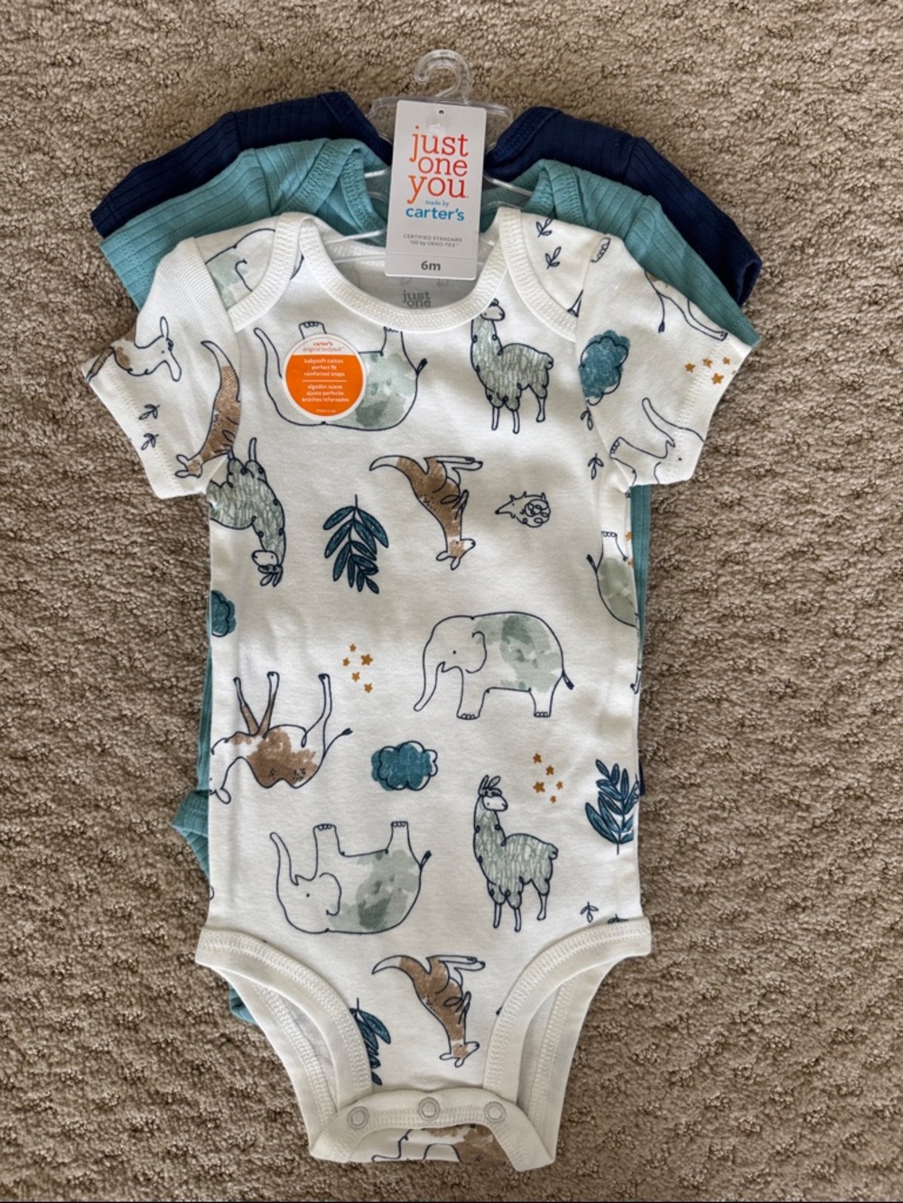 Carter's White Baby One-Piece Bodysuit with Teal & Brown Animal Prints